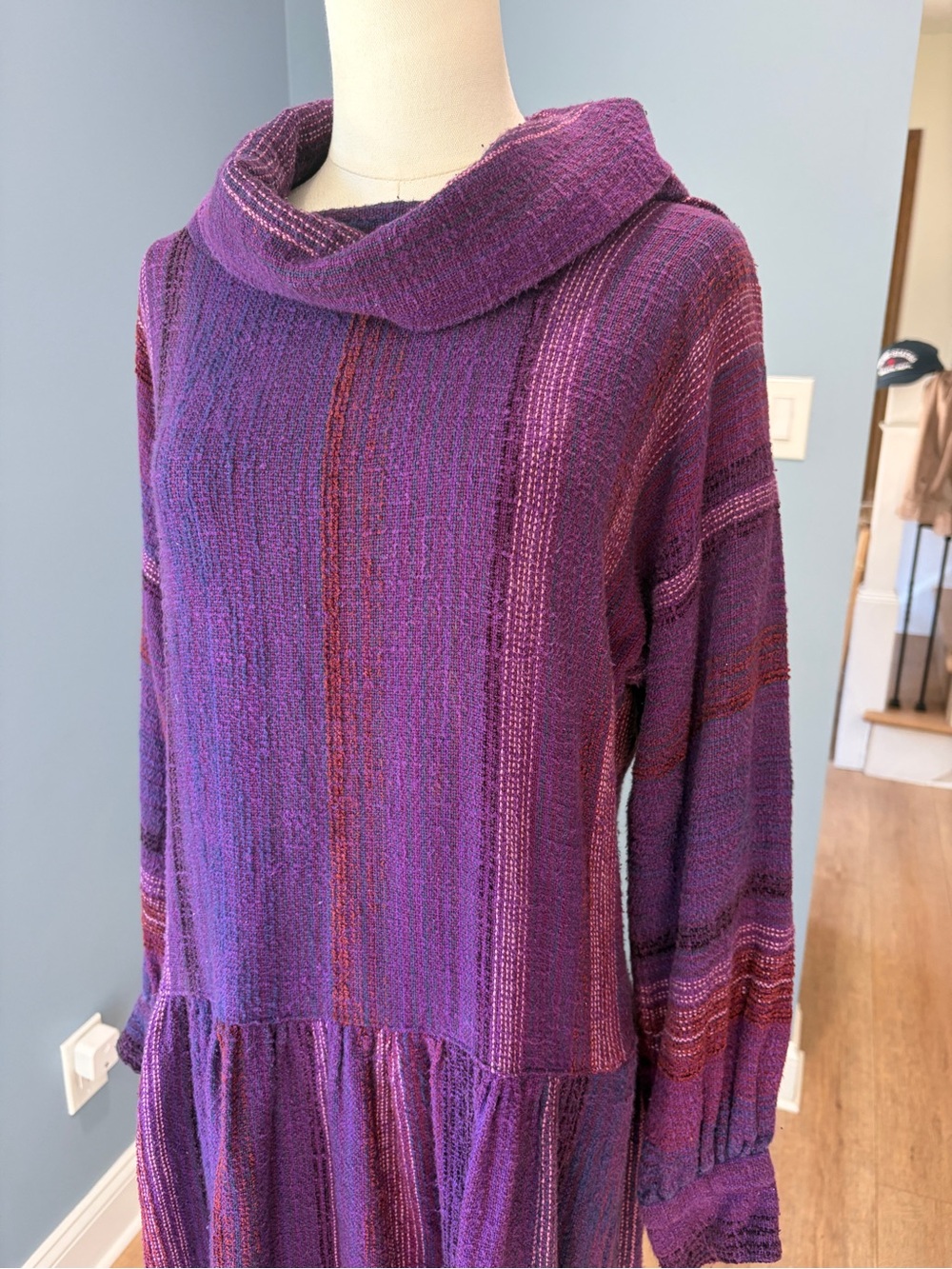 Marianne Purple Woven Stripe Cowl Neck Drop Waist Midi Sweater Dress Boho - Picture 3 of 9